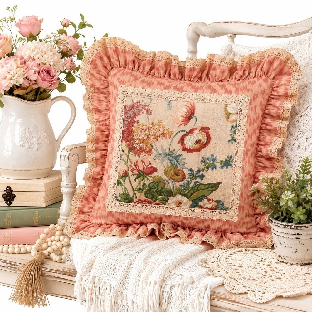Vintage Floral Accent Pillow 20x20 Pink Cottagecore Farmhouse Shabby Chic EUC
